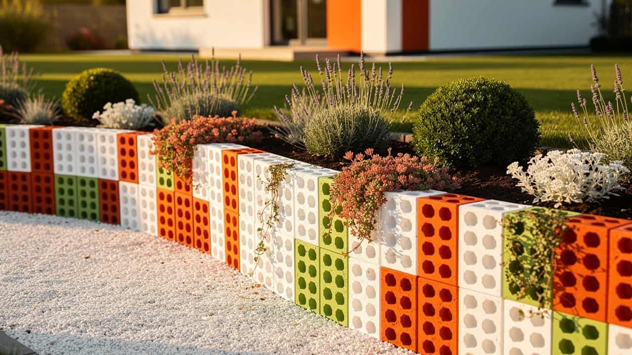 Rabata ogrodowa złożona z kolorowych bloków z okrągłymi otworami, obsadzona różnymi krzewami i kwiatami, tuż obok ścieżki z białego żwiru, a w tle nowoczesny dom.