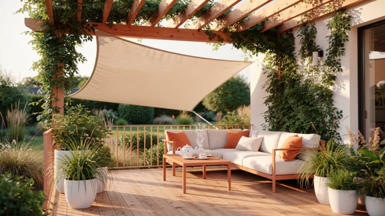 Przytulne patio z białą sofą ogrodową, pomarańczowymi poduszkami, drewnianym stolikiem kawowym z zestawem do herbaty, bujnymi roślinami w donicach oraz pergolą porośniętą pnączami i beżową siatką cieniującą.