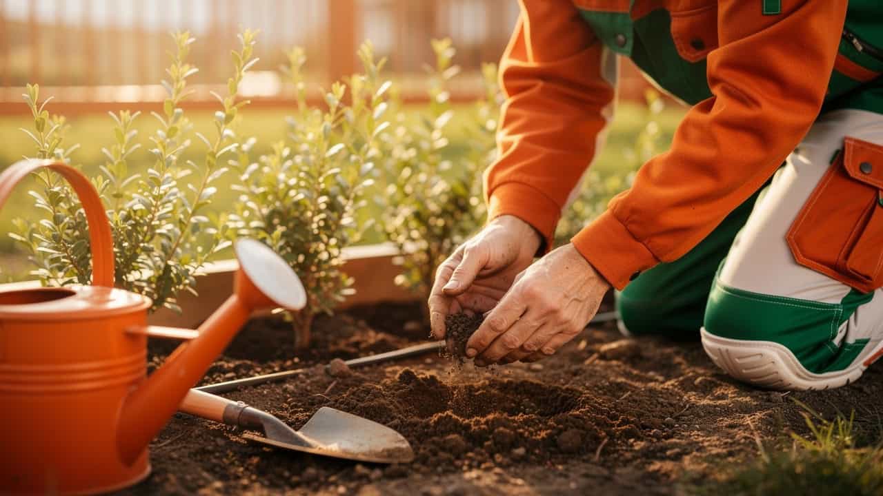 Ogrodnik sadzący rośliny przy granicy działki
