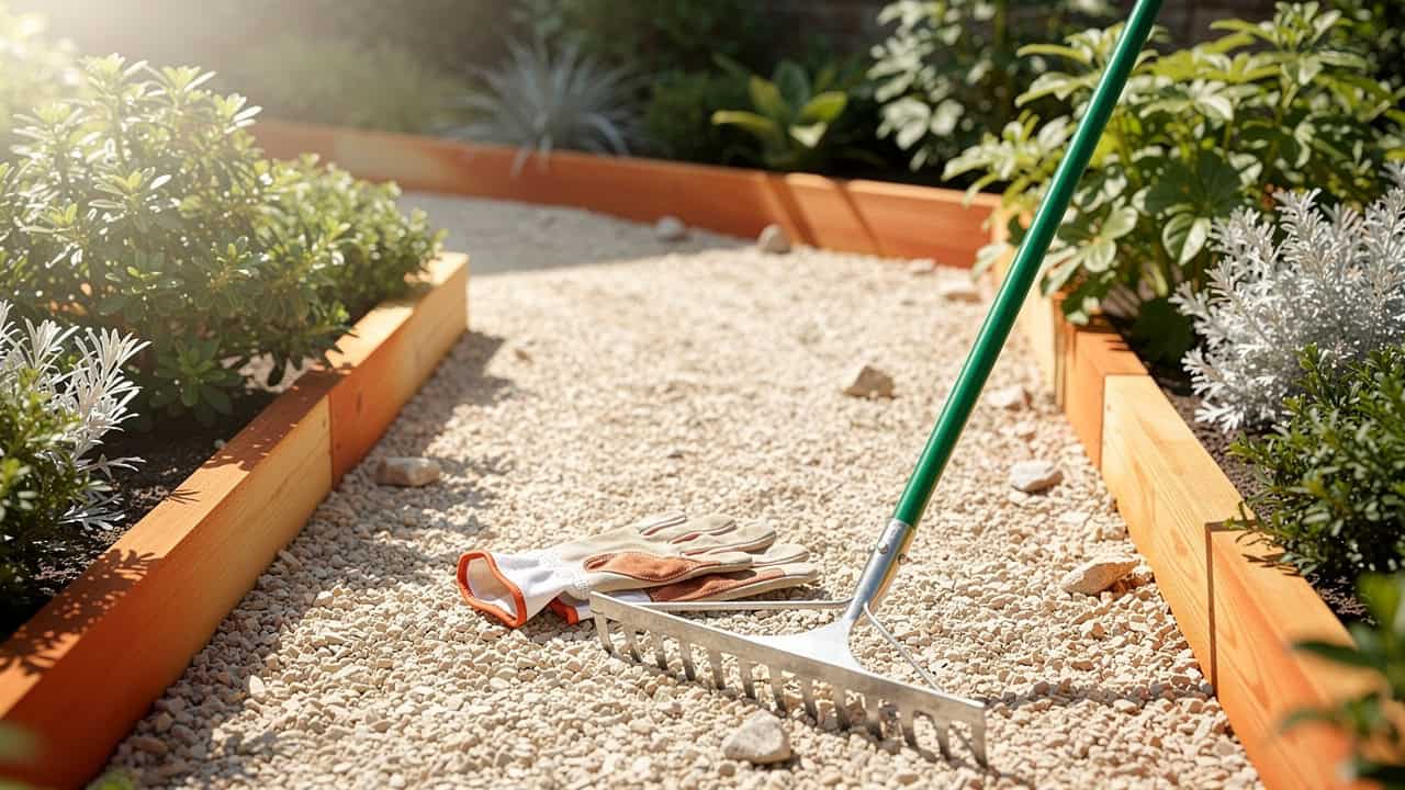 Naturalna ścieżka żwirowa obramowana drewnianymi krawędziami