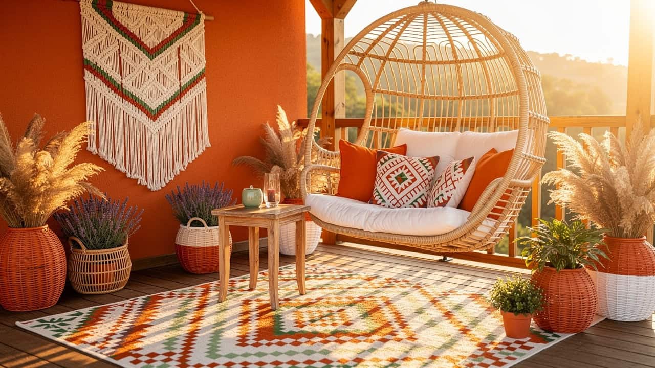 Taras w stylu boho z makramami i naturalnymi materiałami