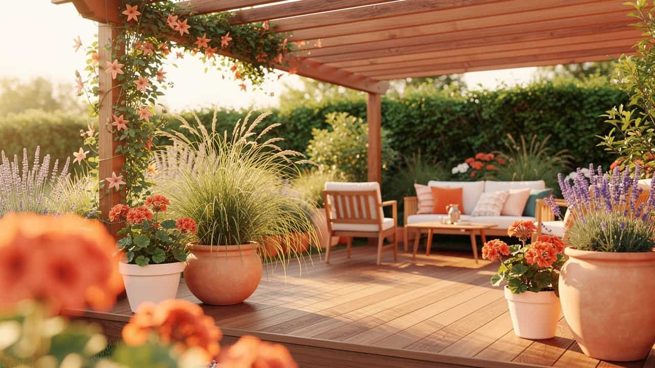 Przytulne drewniane patio z wygodnymi siedziskami z poduszkami, kwiatami w donicach i zielonymi roślinami pod pergolą. Prześwitujące promienie słońca tworzą ciepłą i zachęcającą atmosferę ogrodu.
