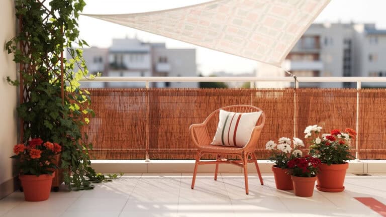 Przytulny balkon z pojedynczym krzesłem i poduszką, kwiatami w doniczkach, pnączem oraz parasolem nad głową. Balustradę otacza bambusowe ogrodzenie, a w tle widać budynki mieszkalne.
