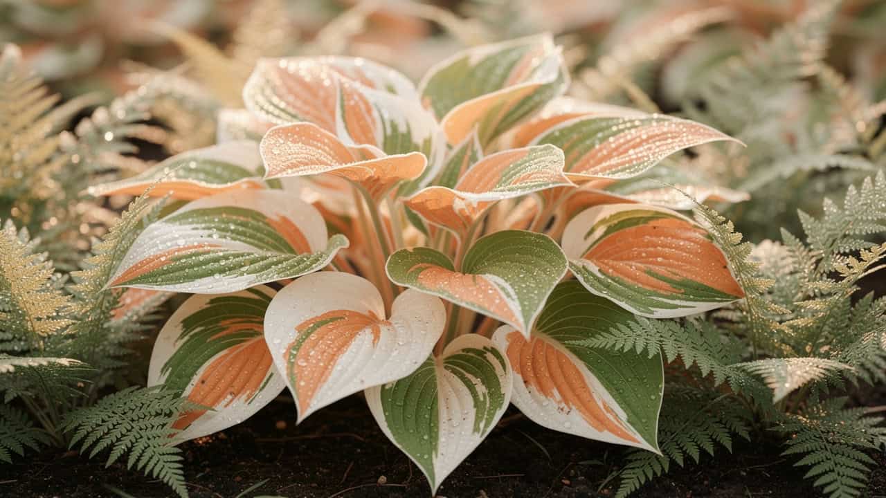 Funkia i paprocie rosnące w cienistym ogrodzie