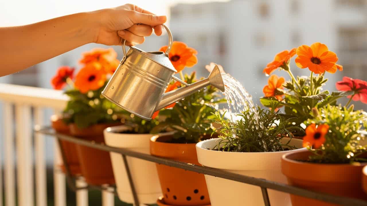 Podlewanie kwiatów na słonecznym balkonie rano