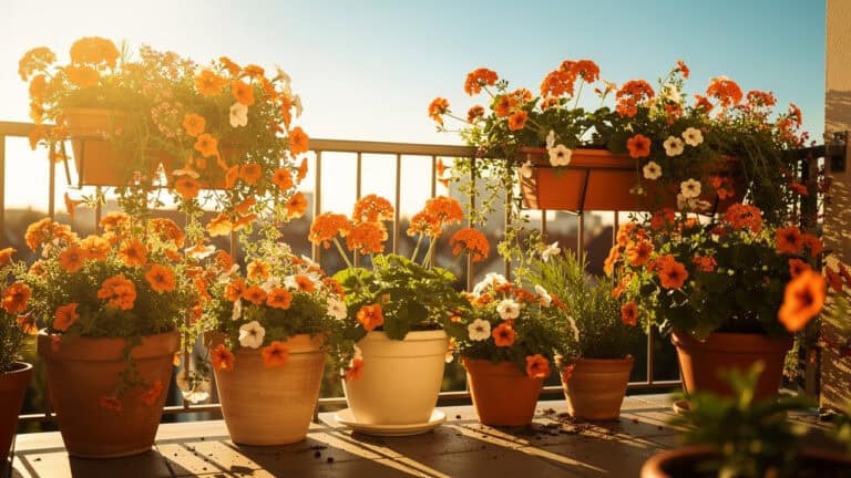 Nasłoneczniony balkon z różnymi doniczkami pełnymi kwitnących pomarańczowych i białych kwiatów. Kwiaty mają żywe kolory, a w tle widać metalową balustradę, za którą rozciąga się widok na miasto i czyste, błękitne niebo.