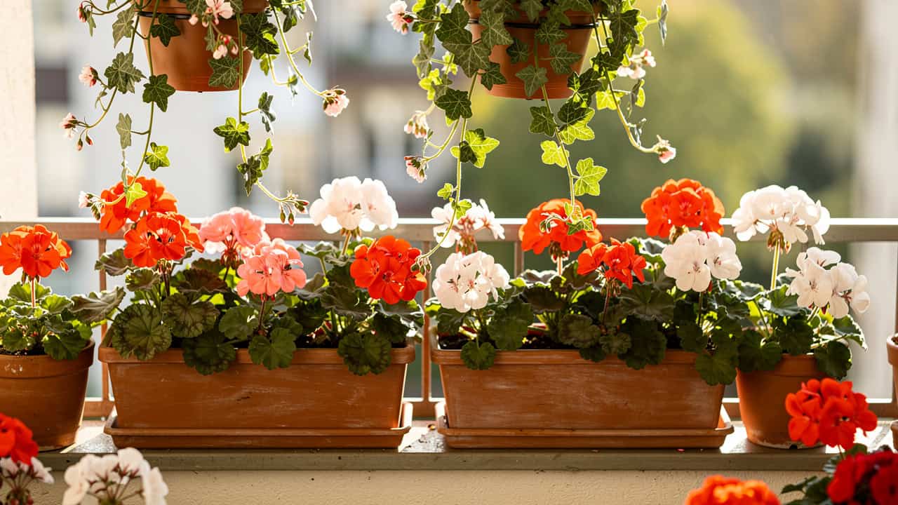 Różne odmiany pelargonii na słonecznym balkonie
