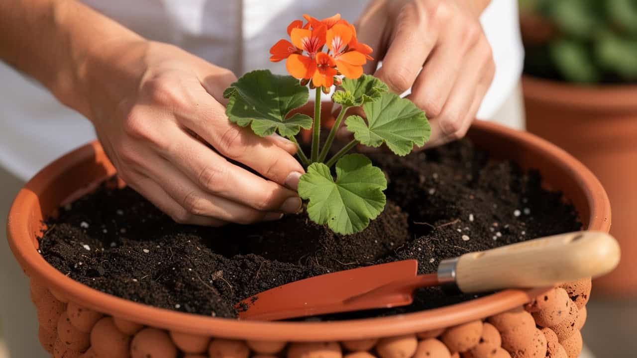 Sadzenie pelargonii w donicy z drenażem