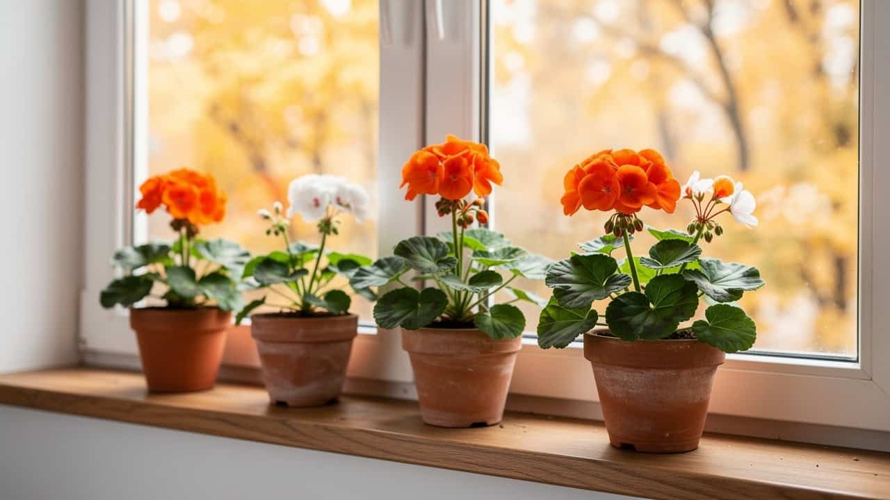 Pelargonie przeniesione do domu na zimę